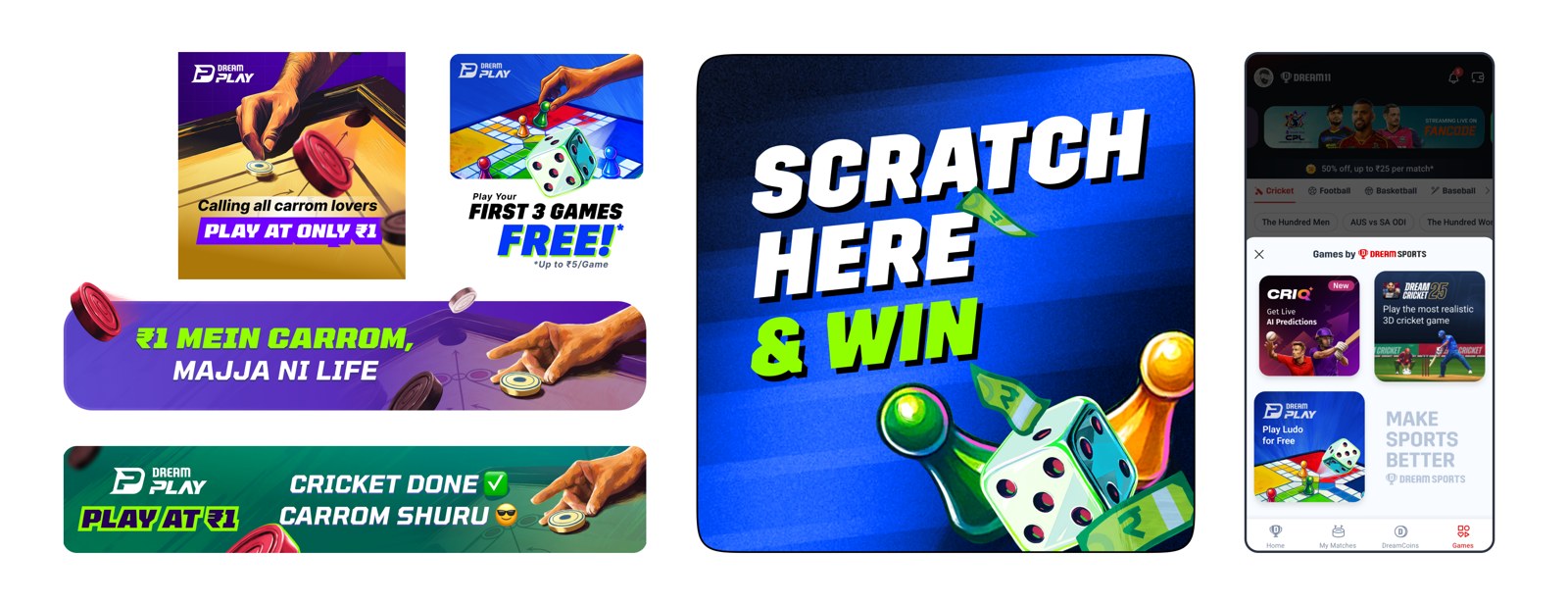 DreamPlay communication design: promo banners, first-games-free offers, a scratch-and-win card, and cross-promotion from the Dream Sports hub