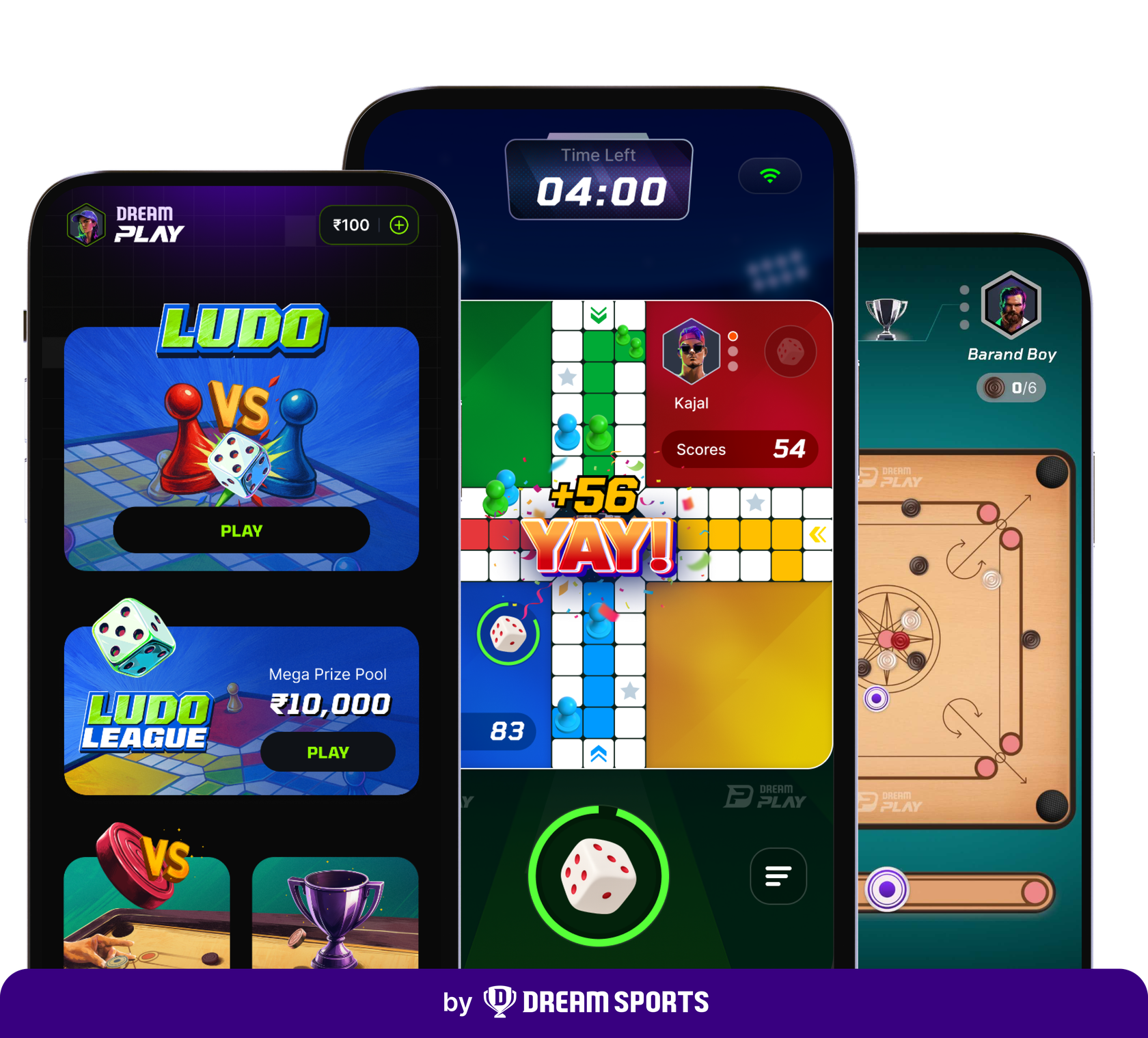 DreamPlay's home screen, a Ludo match and a Carrom match