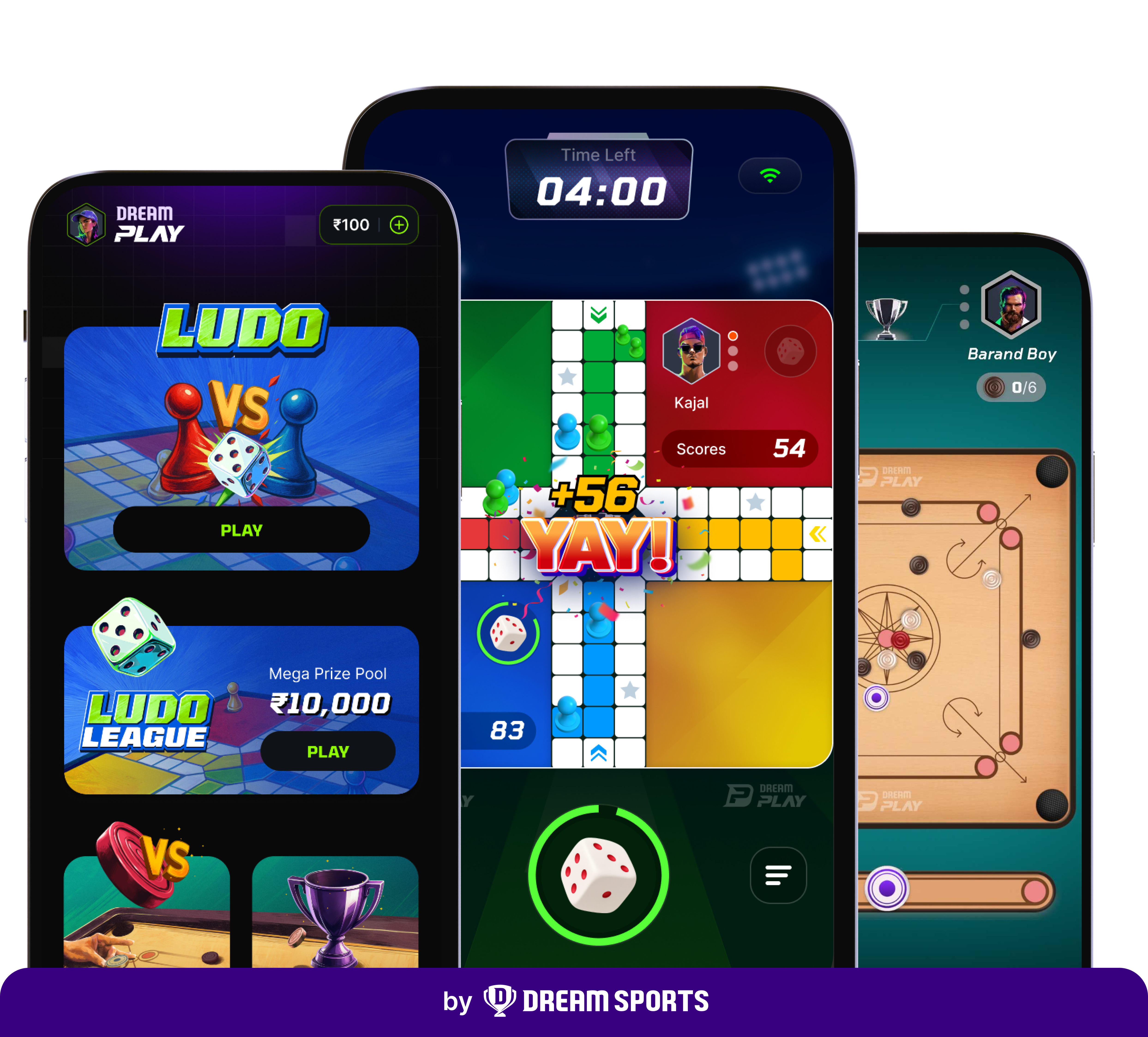 DreamPlay's home screen, a Ludo match and a Carrom match, spanning the range of games in the ecosystem