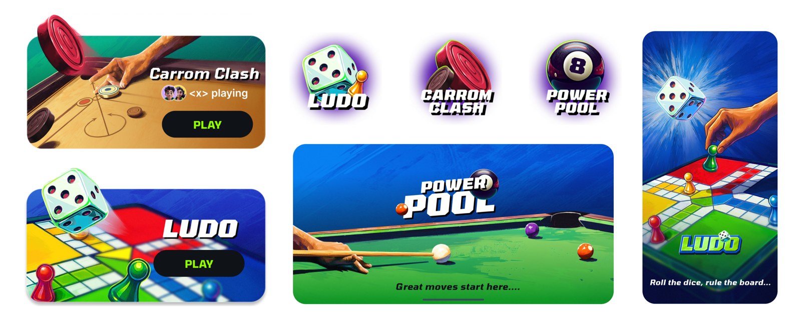 Game identity for Ludo, Carrom Clash and Power Pool: logos, game cards and key art