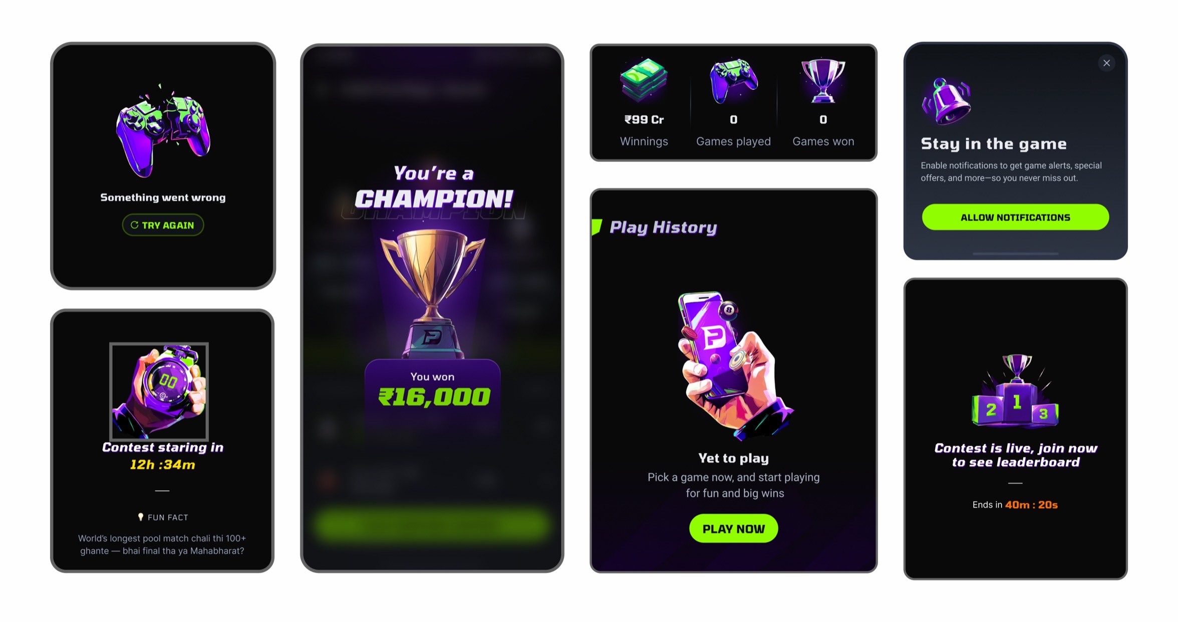 DreamPlay illustration style: broken-controller error, contest-starting timer with a fun fact, champion trophy win, winnings and stat icons, empty play history, notification prompt, and a live-contest leaderboard join prompt