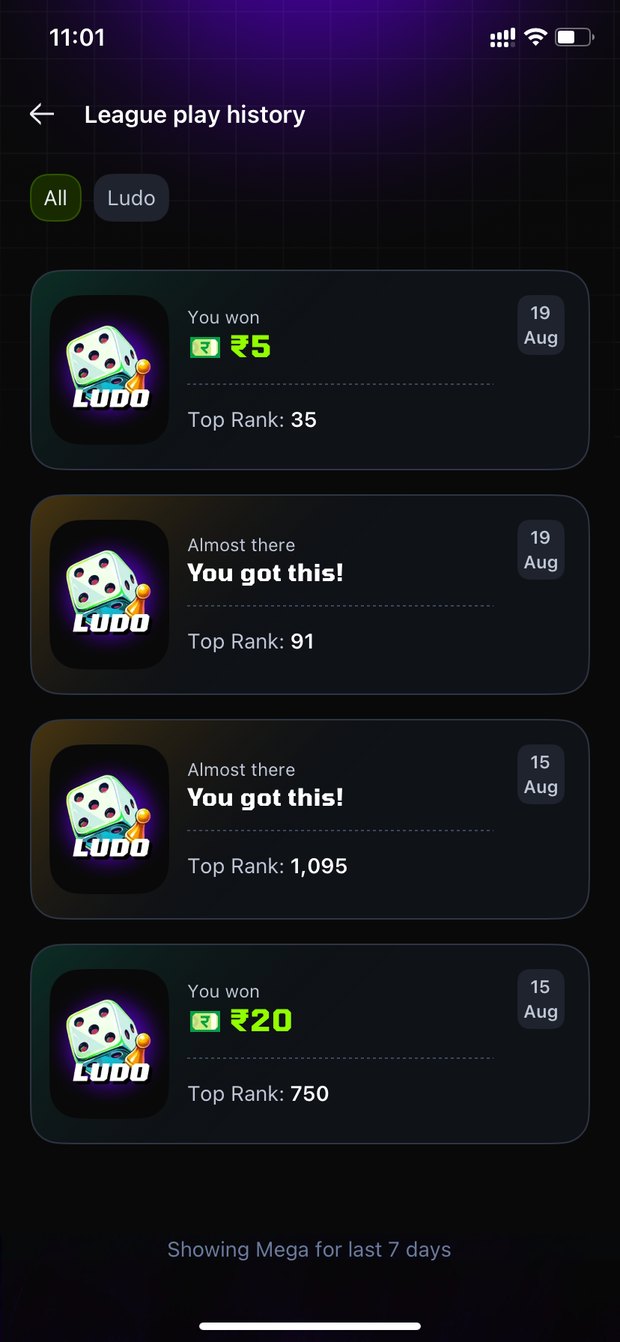 League play history, past games with winnings and ranks