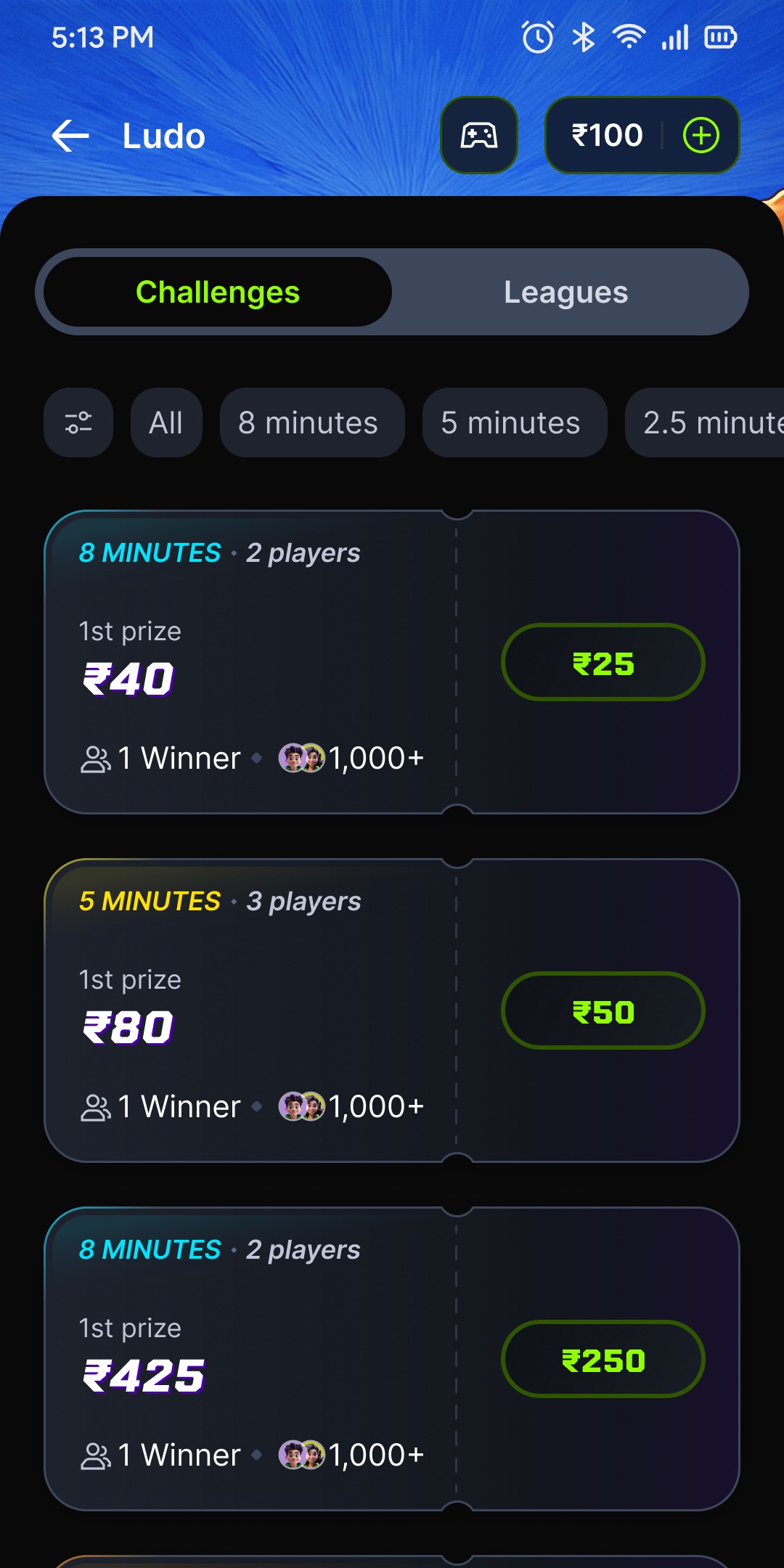 DreamPlay contest lobby showing the Leagues tab with a mega contest and a multiplier contest