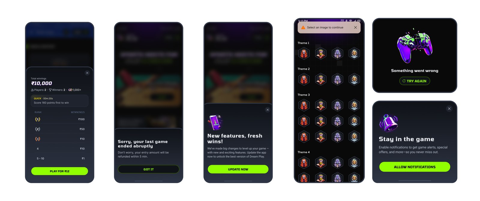 DreamPlay messaging: winnings summary, refund for an abandoned game, update prompt, theme picker, error state and a notifications nudge