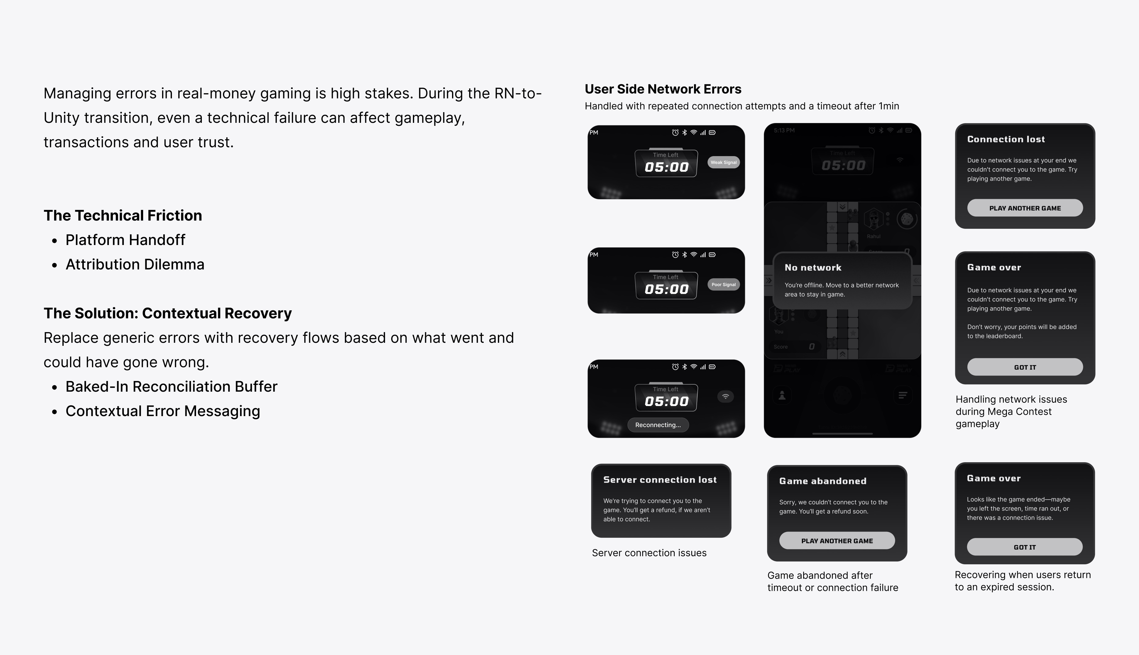 User side network errors: weak signal, poor signal, reconnecting, no network, connection lost, server connection lost, game abandoned, game over for async contests