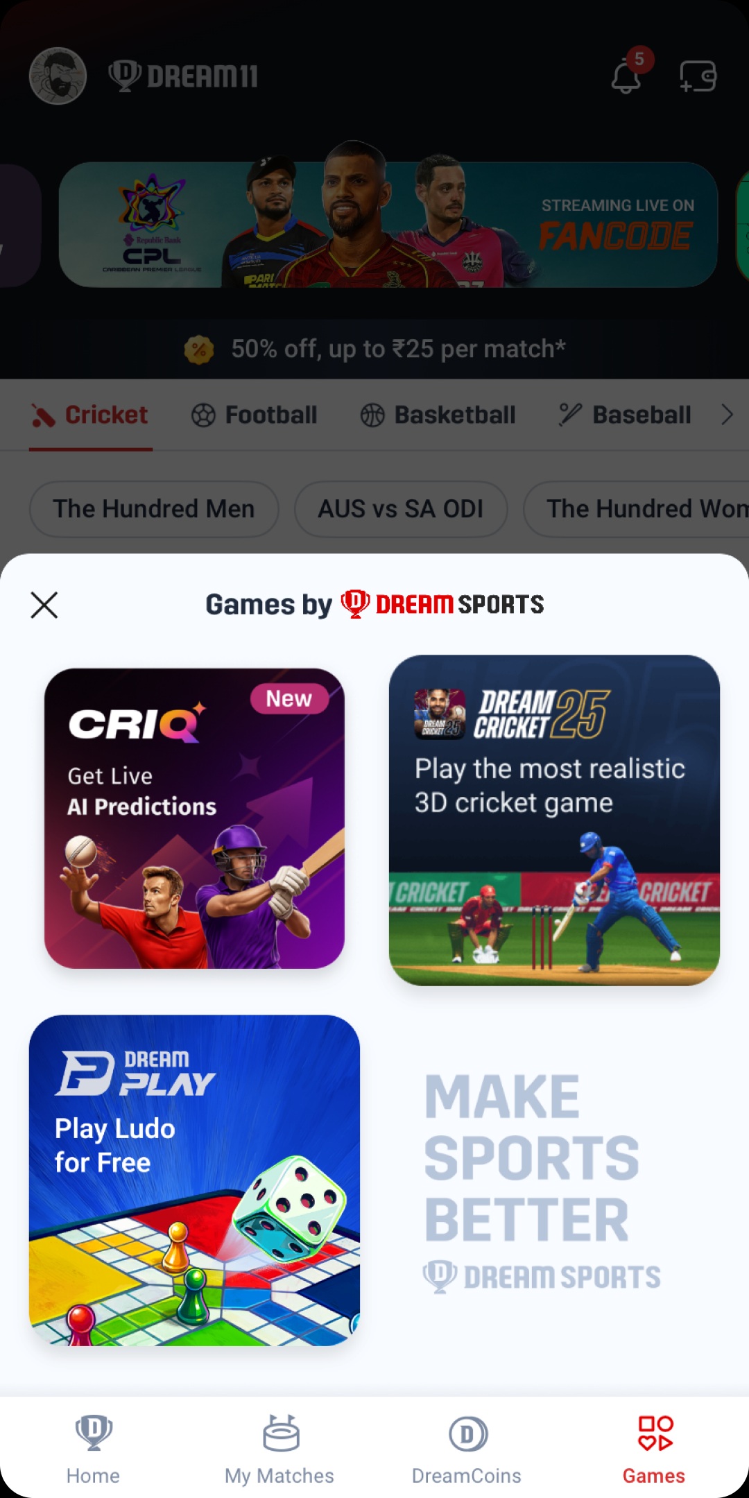 The Games tab on the Dream11 bottom nav