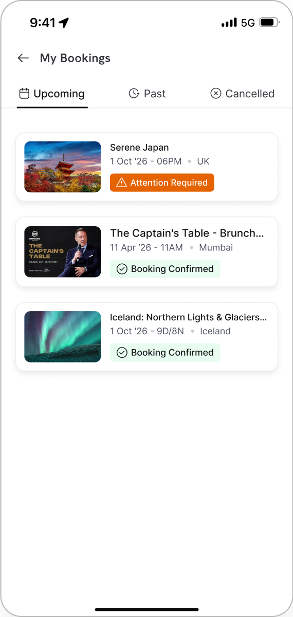 My bookings, with an attention required alert