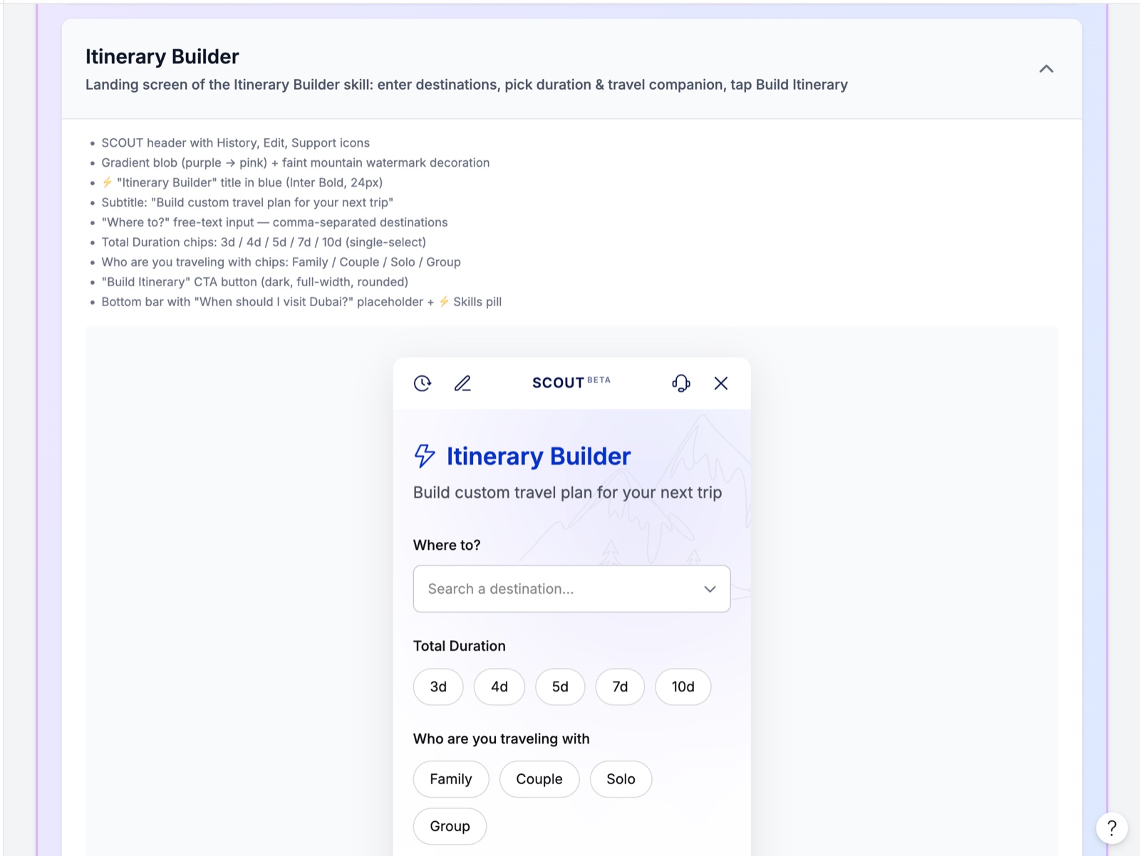 Itinerary builder component spec with every field and label written out