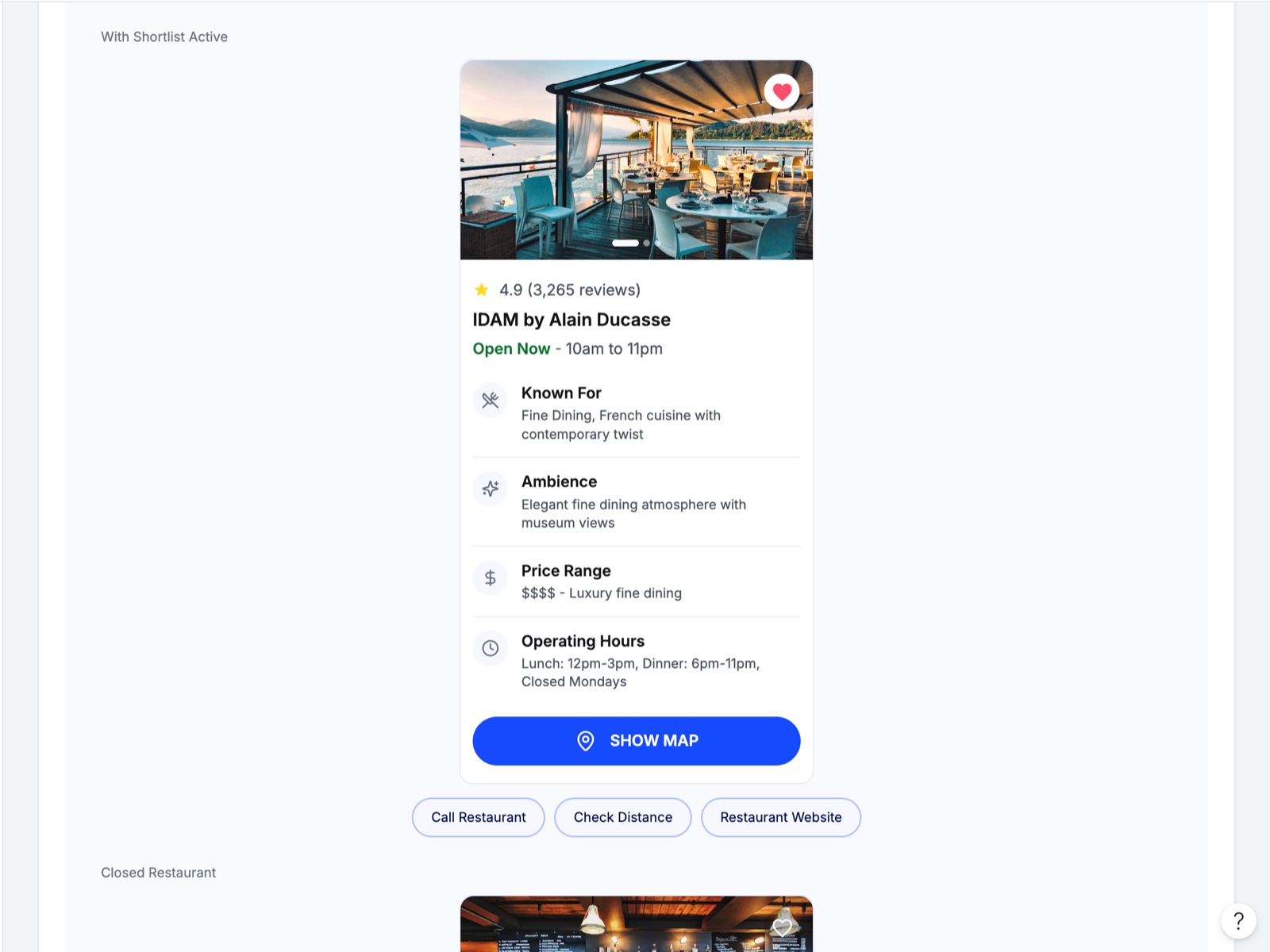 Restaurant details component spec showing default, shortlisted and closed states