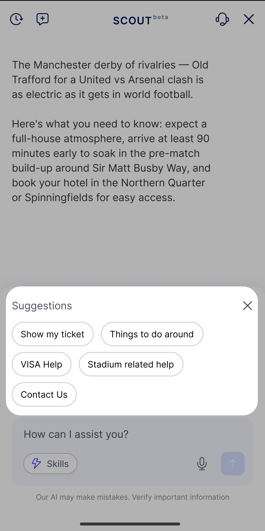 Scout suggestions overlay: show ticket, things to do around, visa help, stadium help, contact us