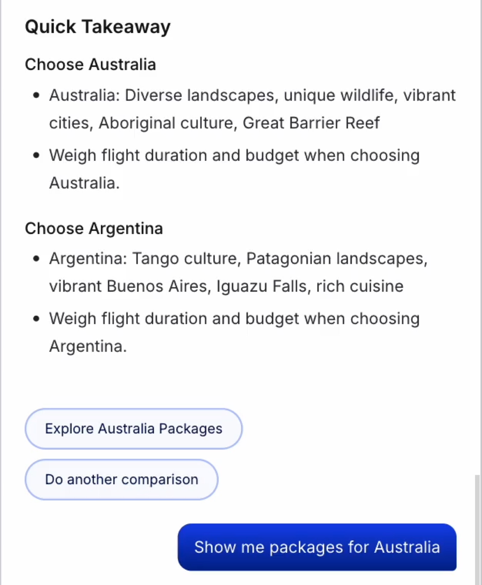 Comparison takeaway component