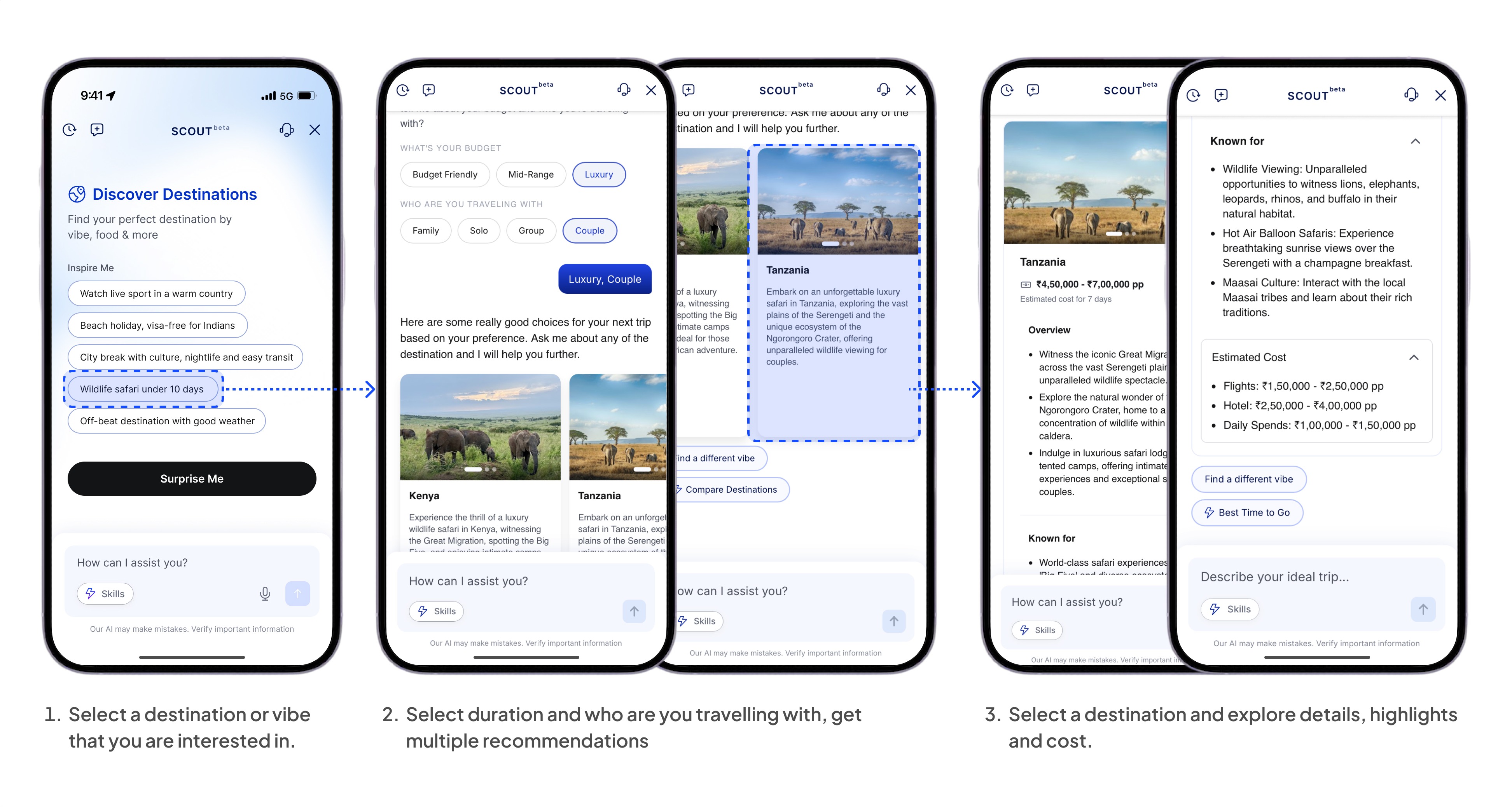Discover Destinations skill shown end to end: choose a travel style, answer budget and travel-group questions, get matched destinations, then explore highlights and cost