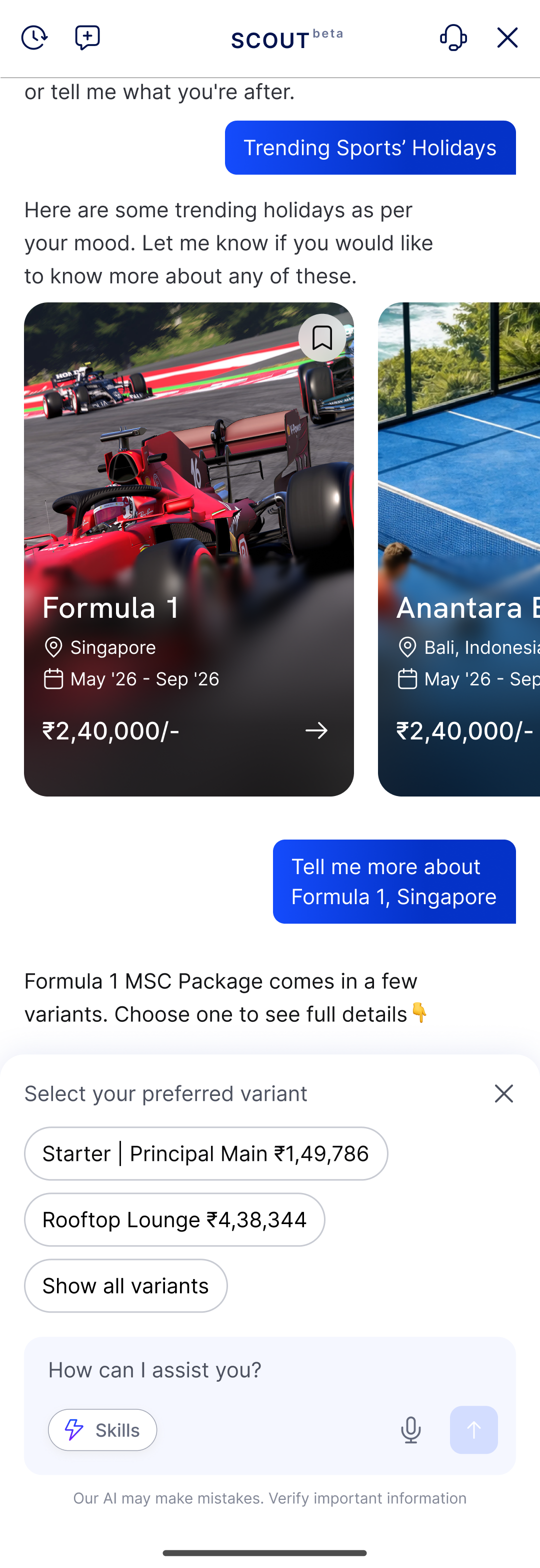 Trending packages answered with a variant selection, Starter or Rooftop Lounge