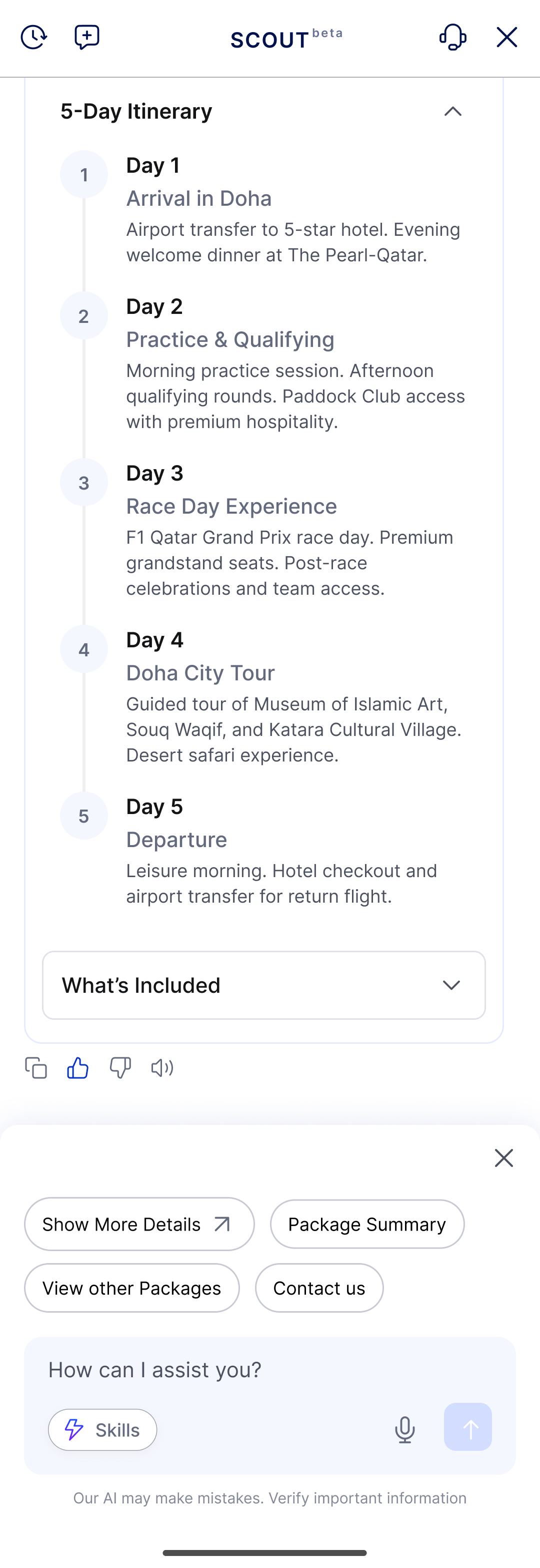 Full itinerary expanded inline with quick actions below