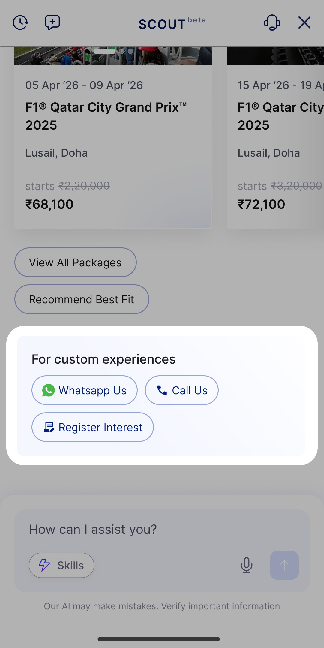 Scout human handoff options, WhatsApp, call, register interest
