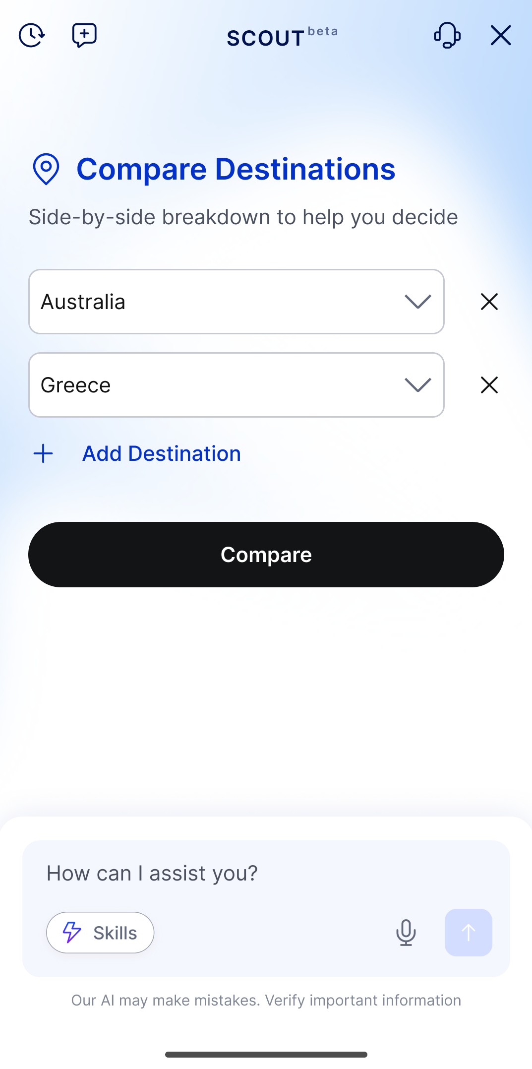Destination Comparison skill, side-by-side takeaway