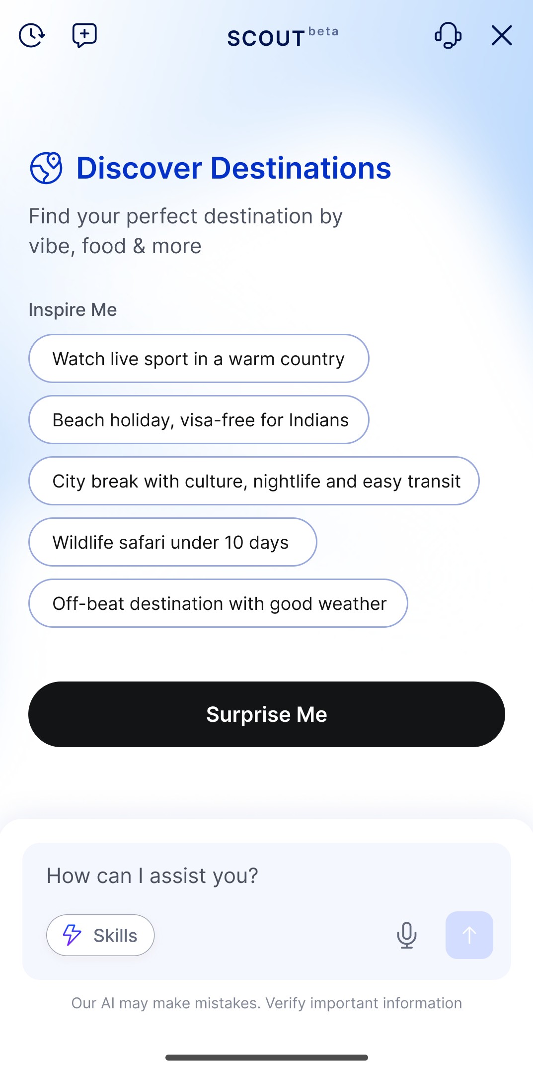 Discover Destinations skill, matched suggestions