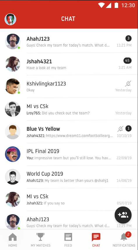 Chat MVP group list with unread message counts