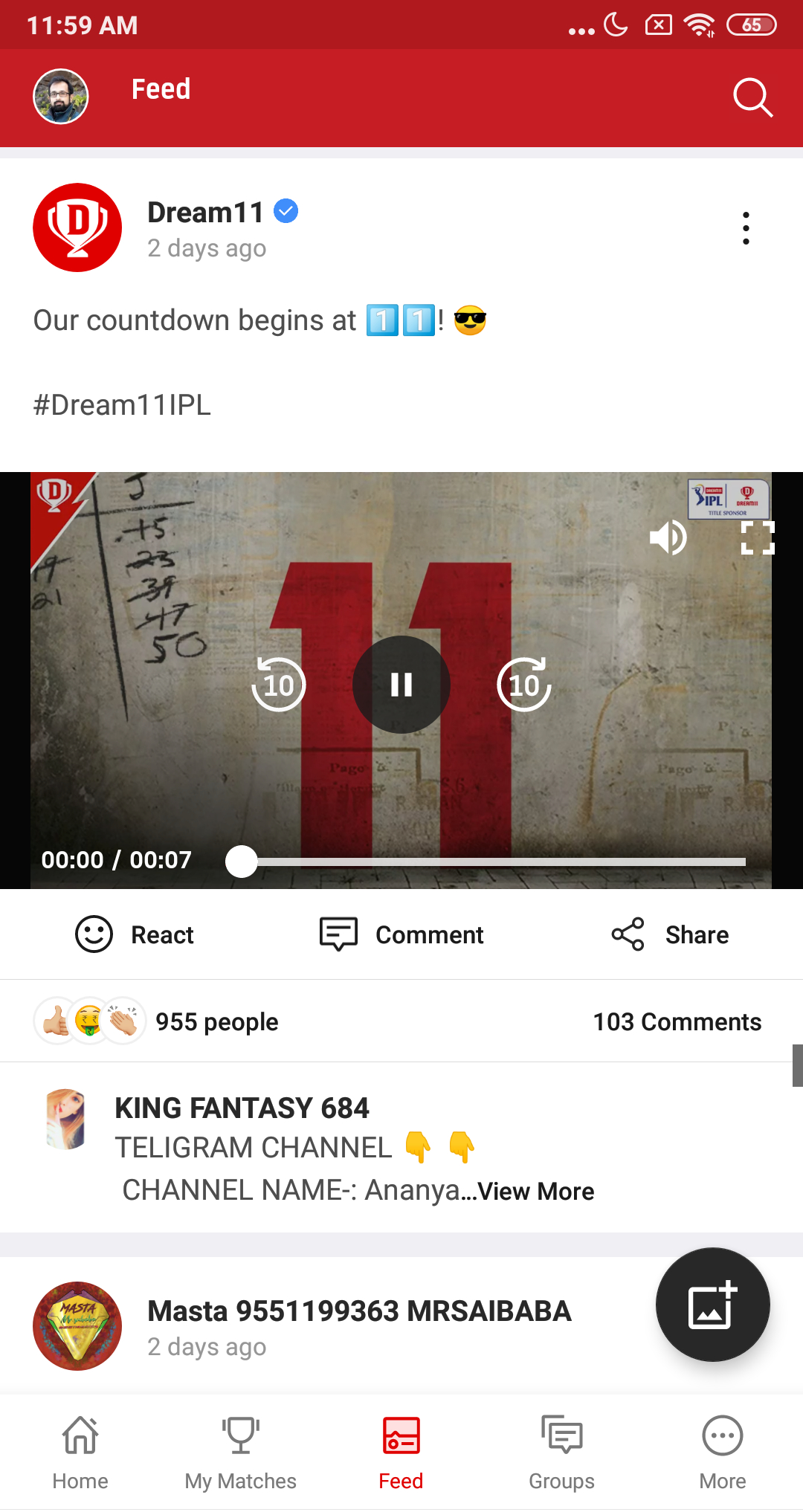 Dream11 Feed page with official page content, reactions and comments