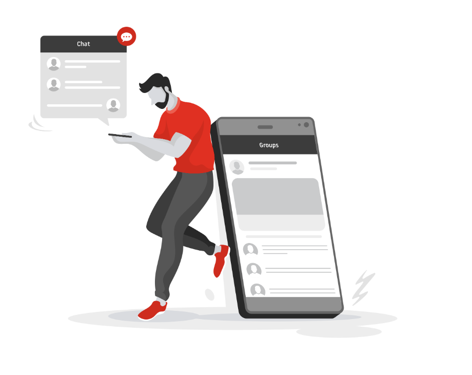 Illustration of a player chatting beside a phone showing groups