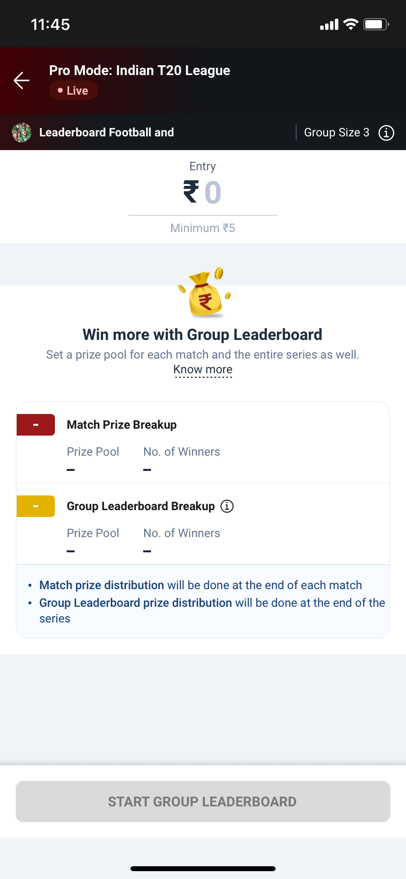 Group leaderboard setup showing a prize pool set for each match and for the entire series
