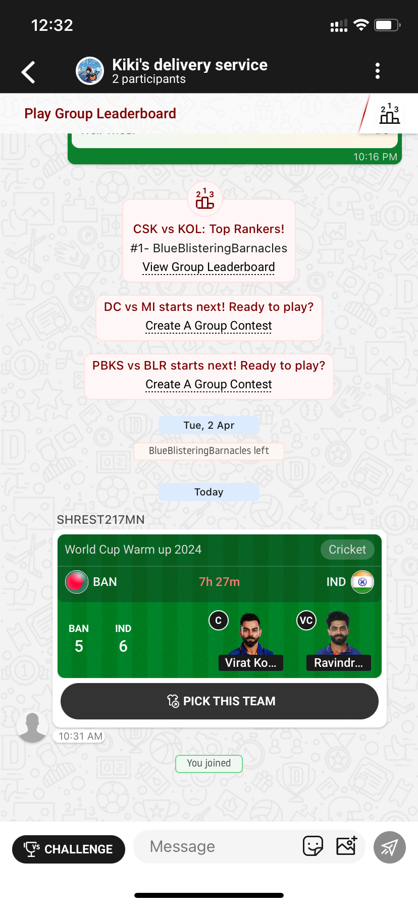 A group chat showing an automatic top rankers recap followed by a prompt to create a contest for the next match