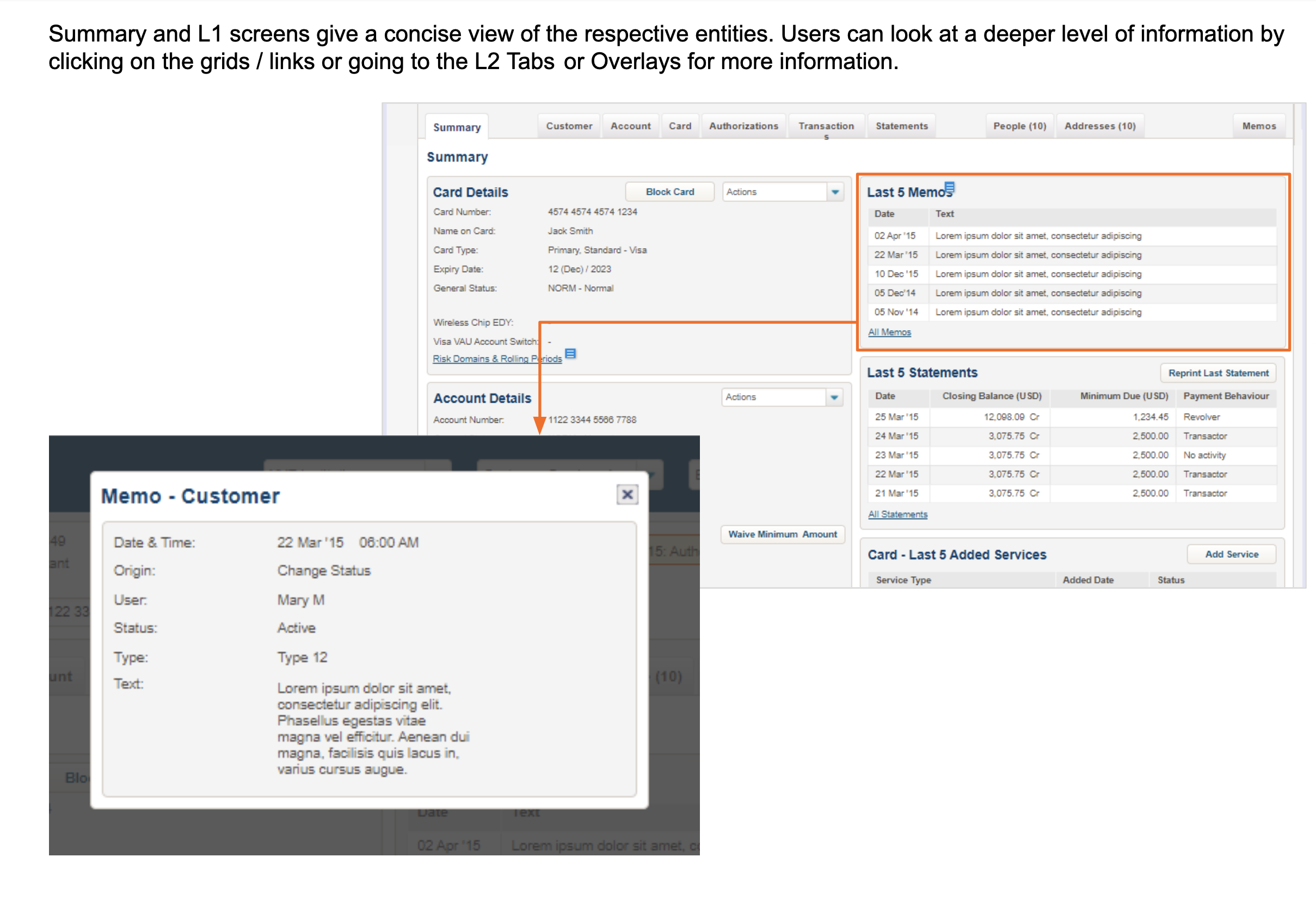 Summary screen with a memo detail overlay, showing how agents drill into detail without leaving the page