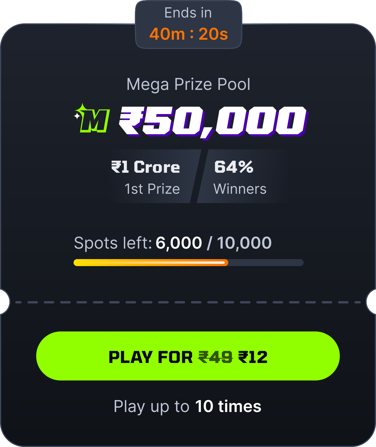 A mega contest card showing the prize pool, the first prize, the winner percentage, the spots left with a fill bar, and the entry fee