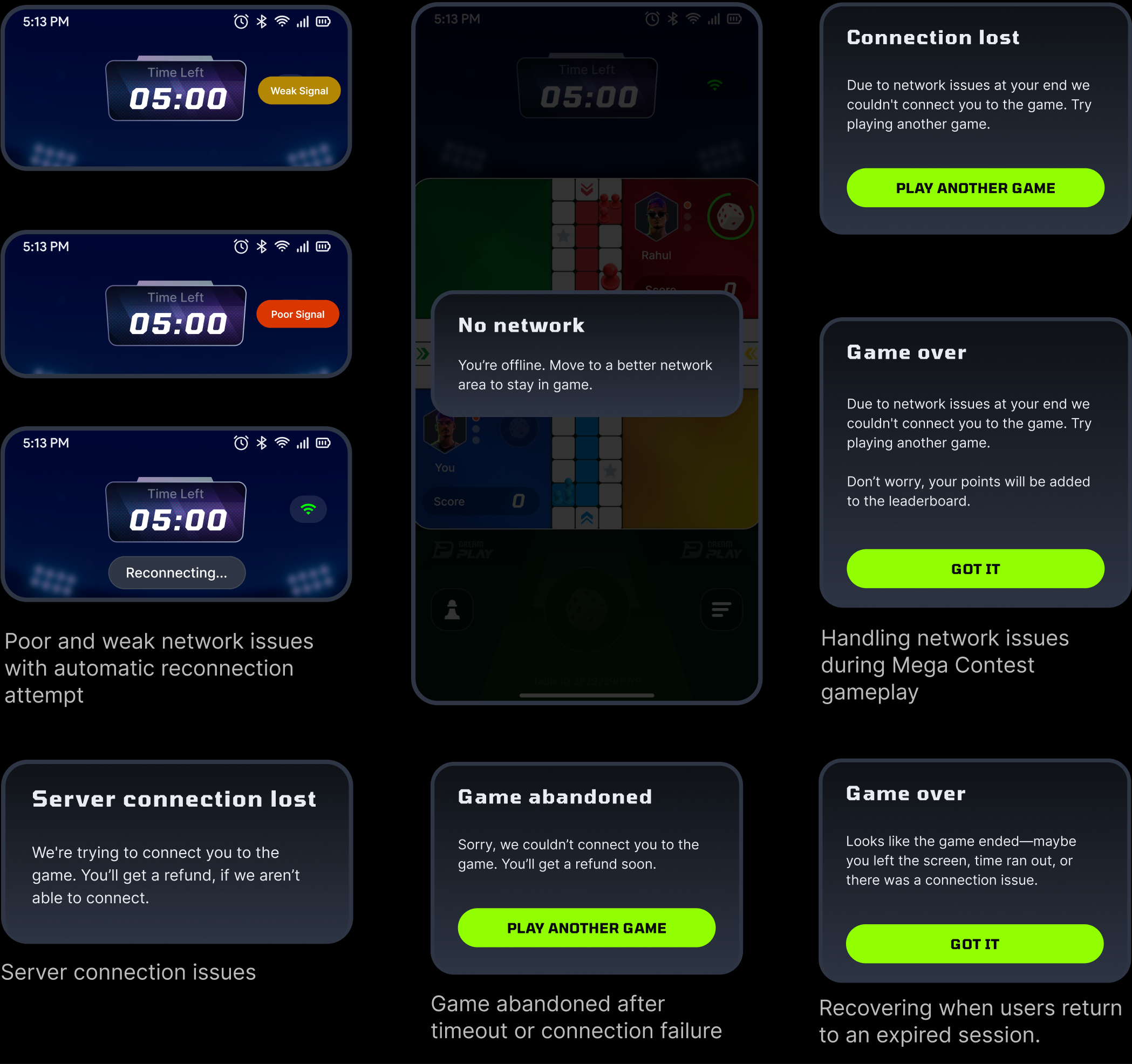 Weak signal, poor signal and reconnecting on the timer, a no network overlay on the board, and the server connection, game abandoned, Mega contest and expired session dialogs