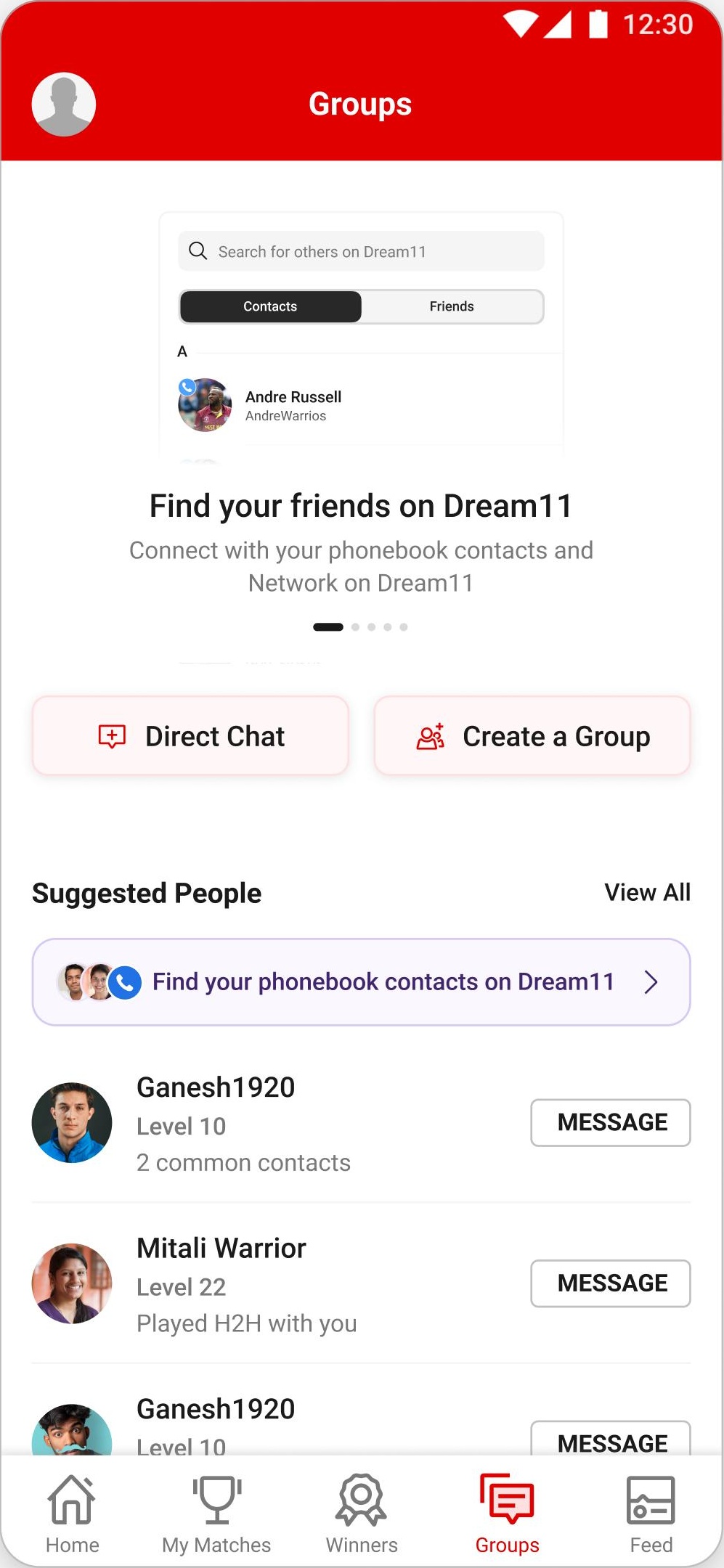 The Groups zero state, offering phonebook sync and suggested people