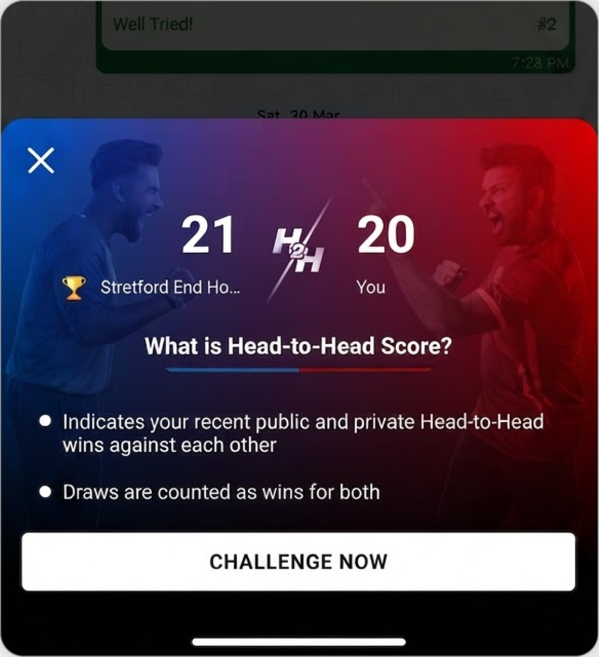 The sheet explaining how the head to head score is counted