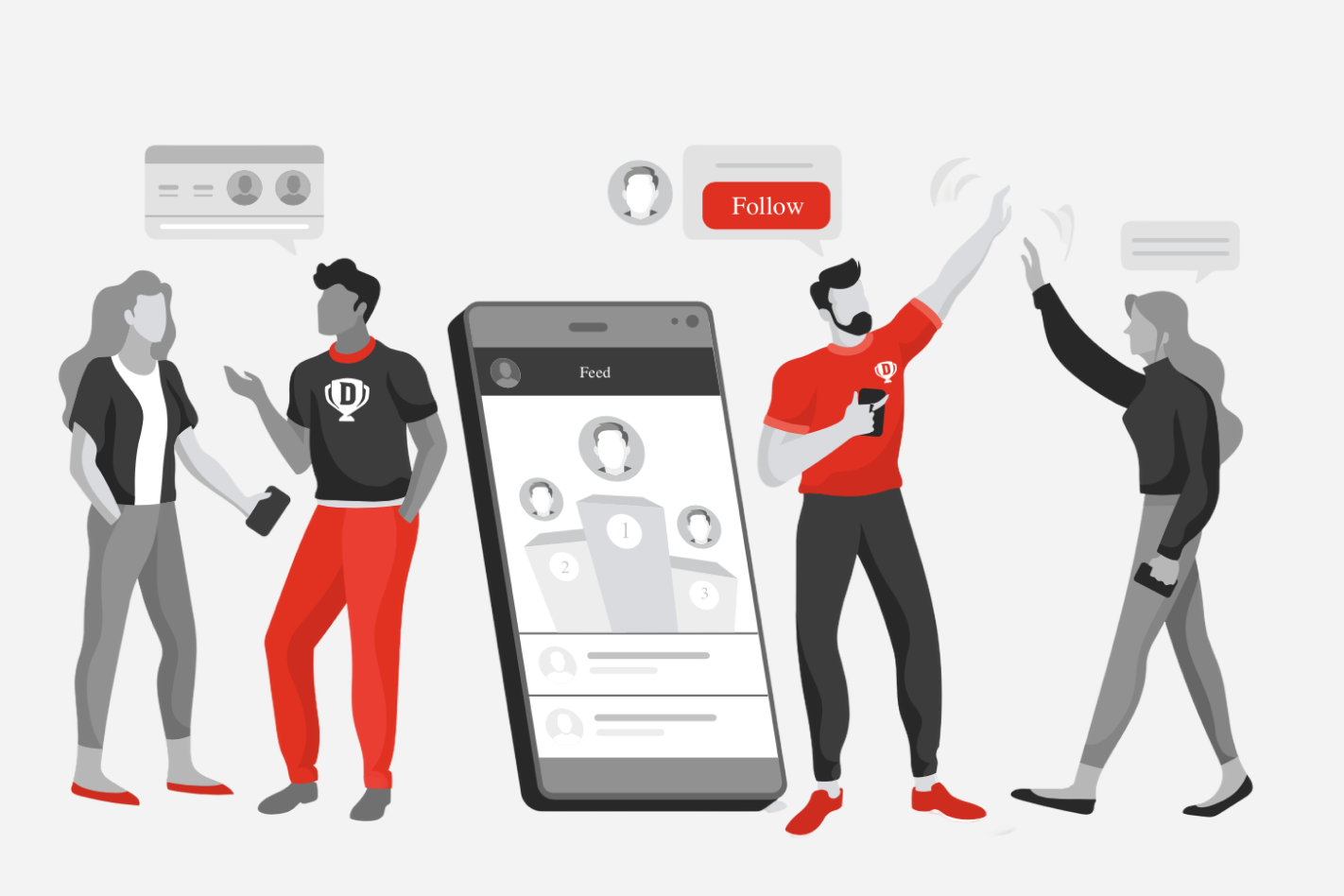 Four people around a phone showing the Dream11 feed, with follow and chat cues around them